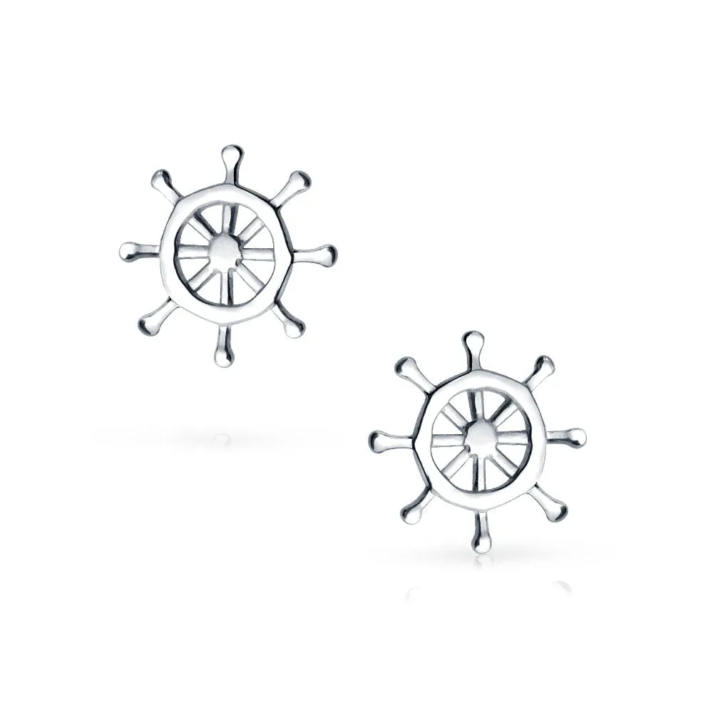 Nautical Ship Wheel Stud Earrings in Sterling Silver, Small Tropical Design