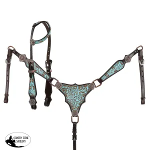 New! Showman Limited Edition Teal Rose One Ear Headstall and Breastcollar Set