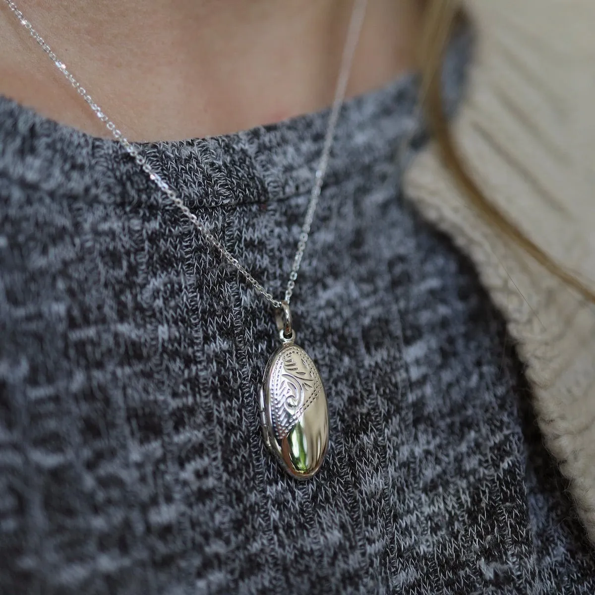 Oval Locket Necklace with Etched Pattern