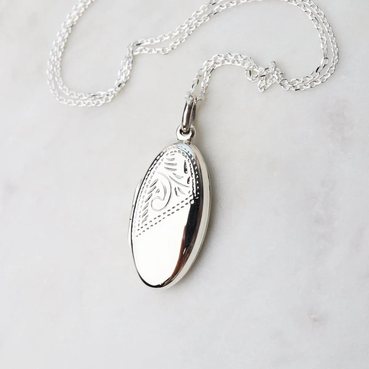 Oval Locket Necklace with Etched Pattern