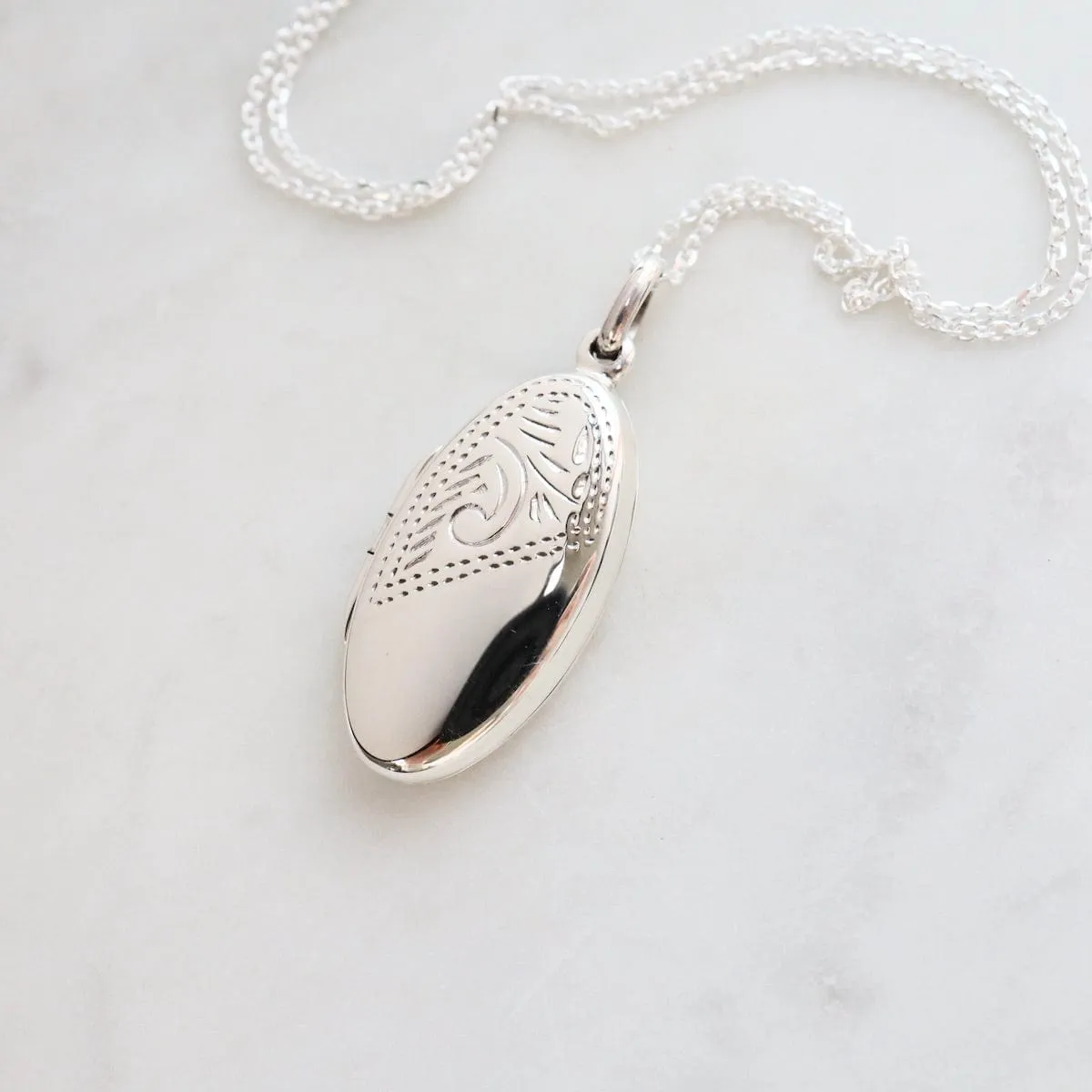 Oval Locket Necklace with Etched Pattern