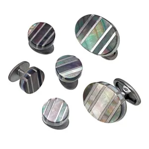 Oval Stripe Grey Mother of Pearl Sterling Silver Cufflinks and Tuxedo Studs