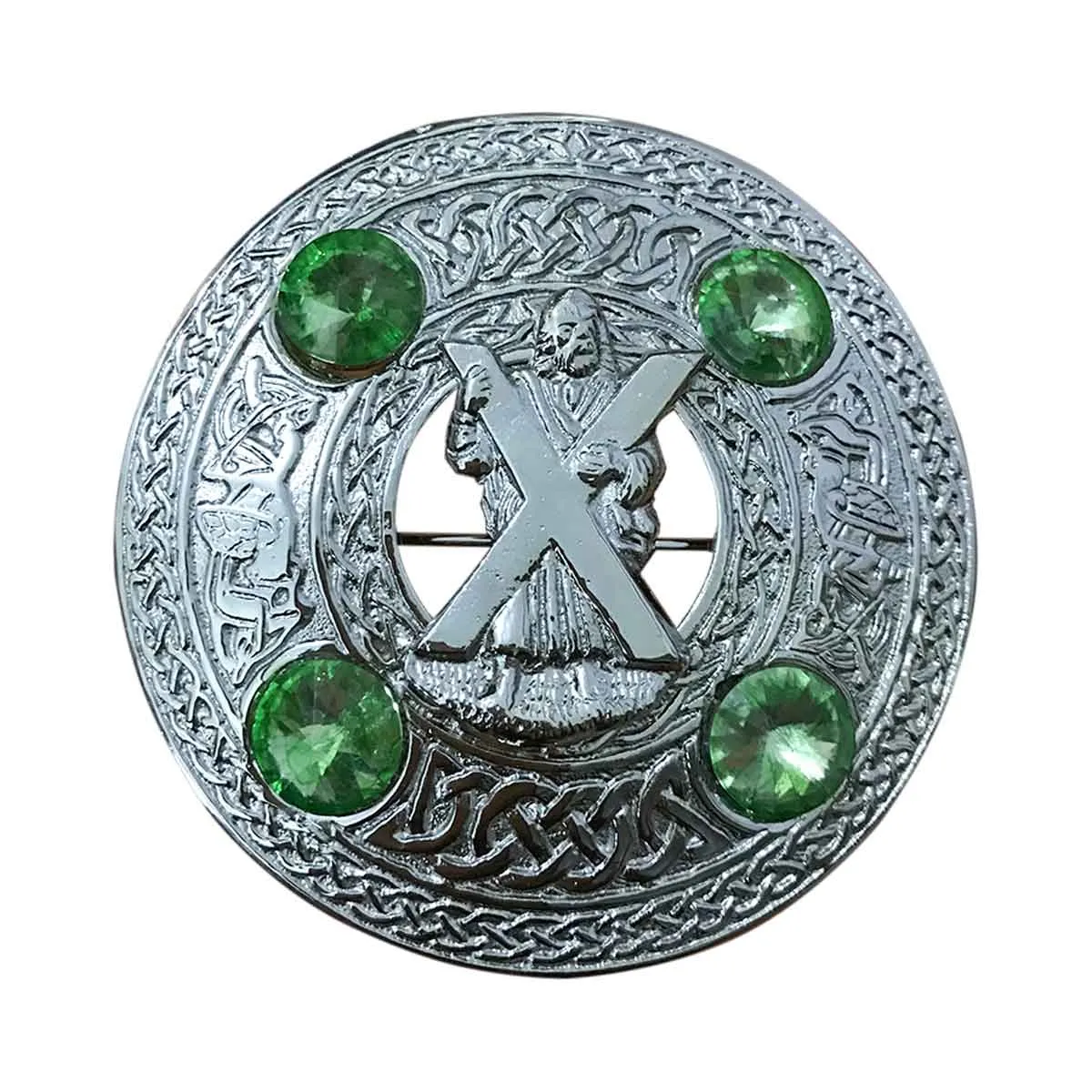 Plaid Brooch Saint Andrew Round 4 Green Stones