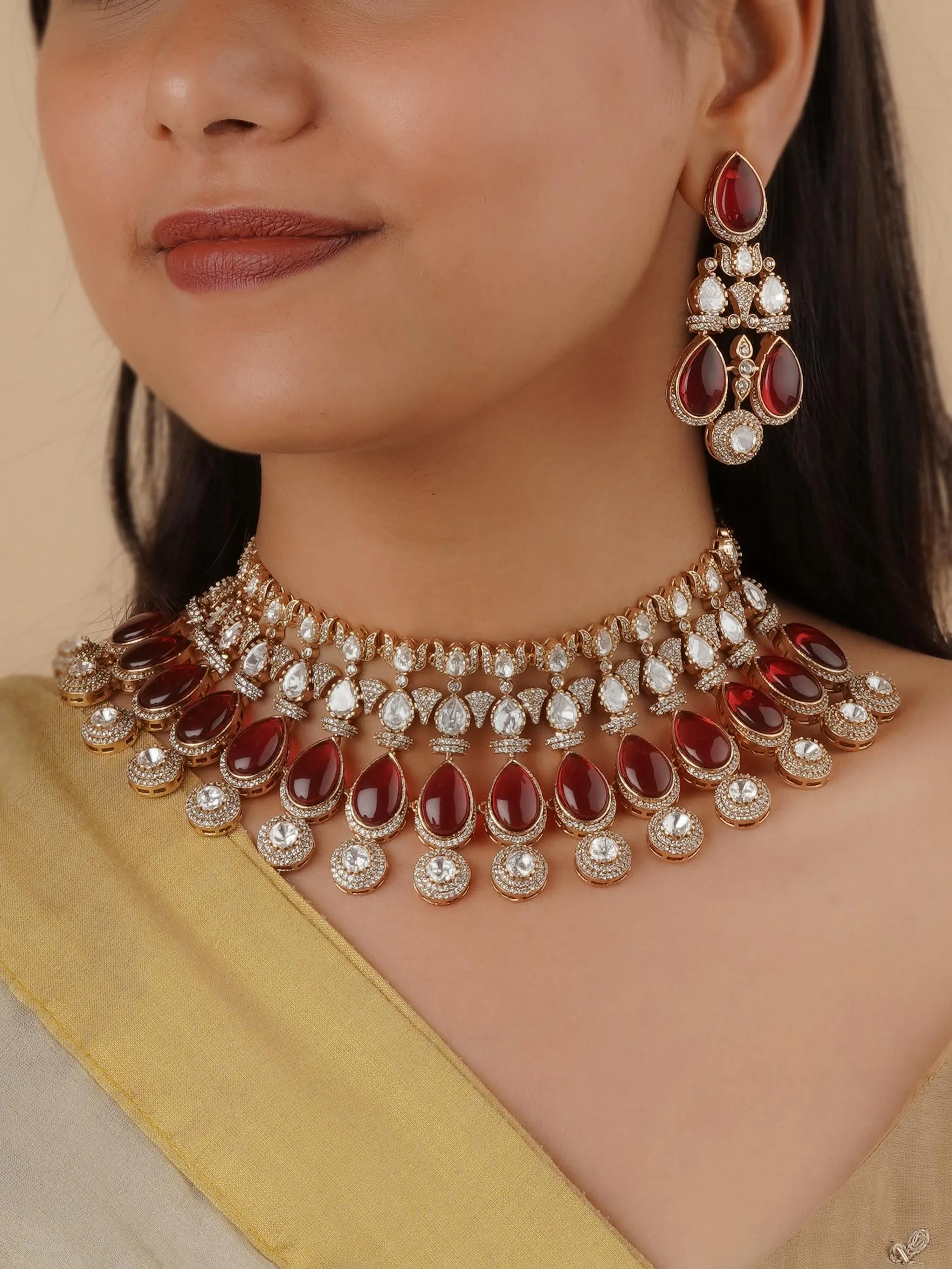 Red Color Gold Plated Faux Polki Bridal Necklace Set - PK-S160P