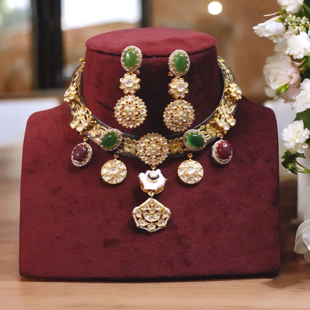 Regal Gold-Plated Polki Necklace Matching Earrings Set, Adorned Polki Indian Jewelry Set, Pakistani Bridal Polki Choker Set, Bollywood Polki Jewelry Set, Indian Traditional Polki Necklace Set