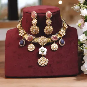 Regal Gold-Plated Polki Necklace Matching Earrings Set, Adorned Polki Indian Jewelry Set, Pakistani Bridal Polki Choker Set, Bollywood Polki Jewelry Set, Indian Traditional Polki Necklace Set