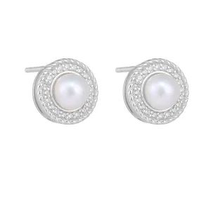 Retro Round Freshwater Pearl Zircon Halo Sterling Silver Stud Earrings