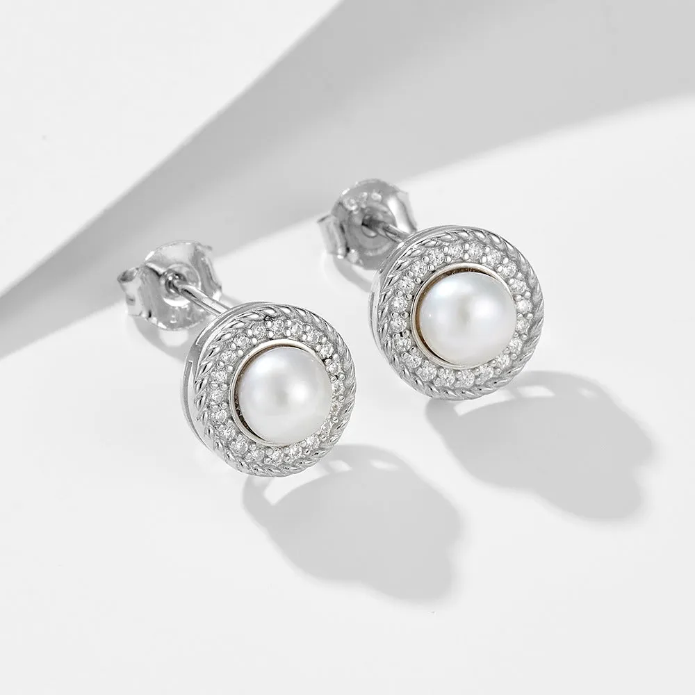 Retro Round Freshwater Pearl Zircon Halo Sterling Silver Stud Earrings