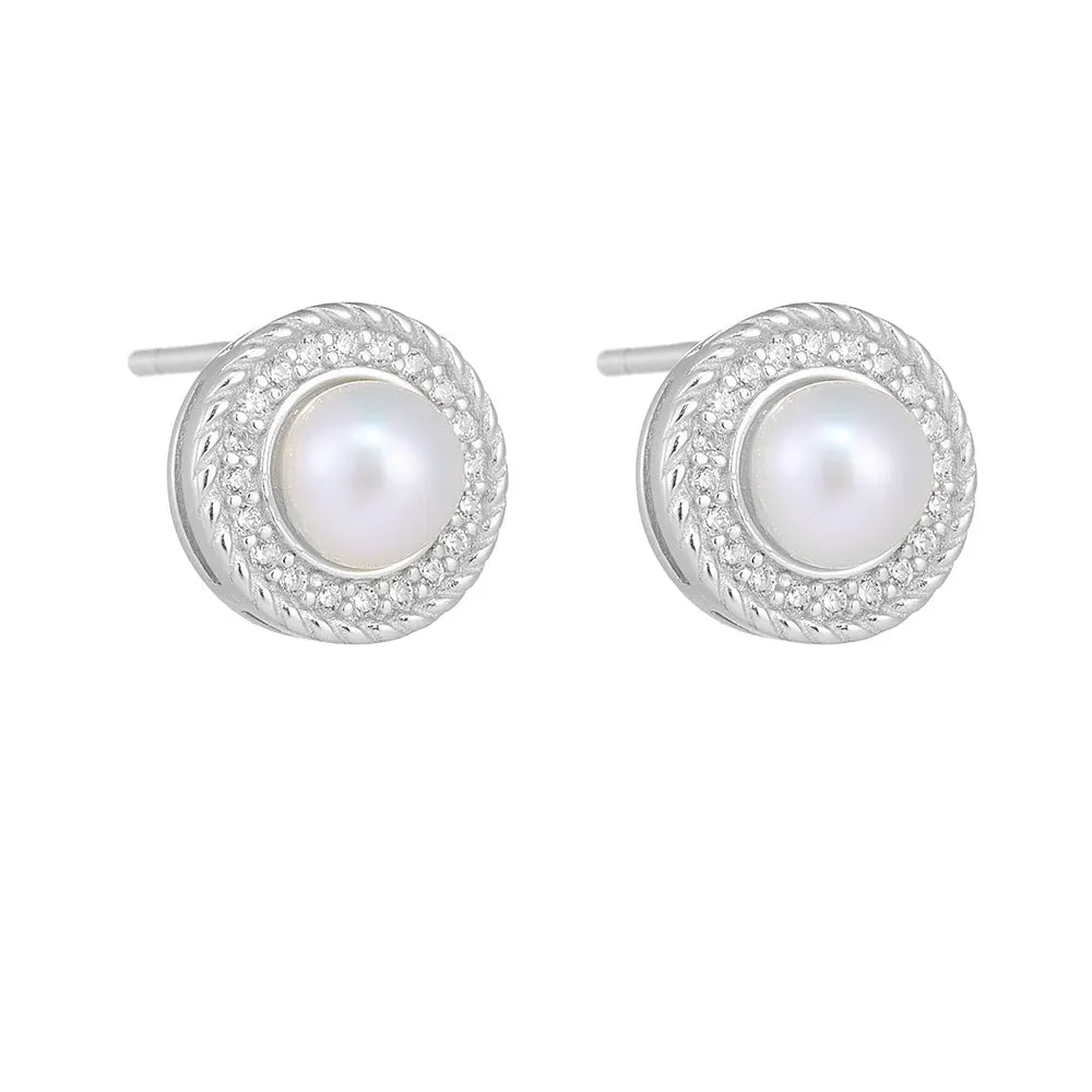 Retro Round Freshwater Pearl Zircon Halo Sterling Silver Stud Earrings