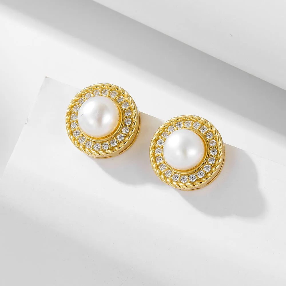 Retro Round Freshwater Pearl Zircon Halo Sterling Silver Stud Earrings