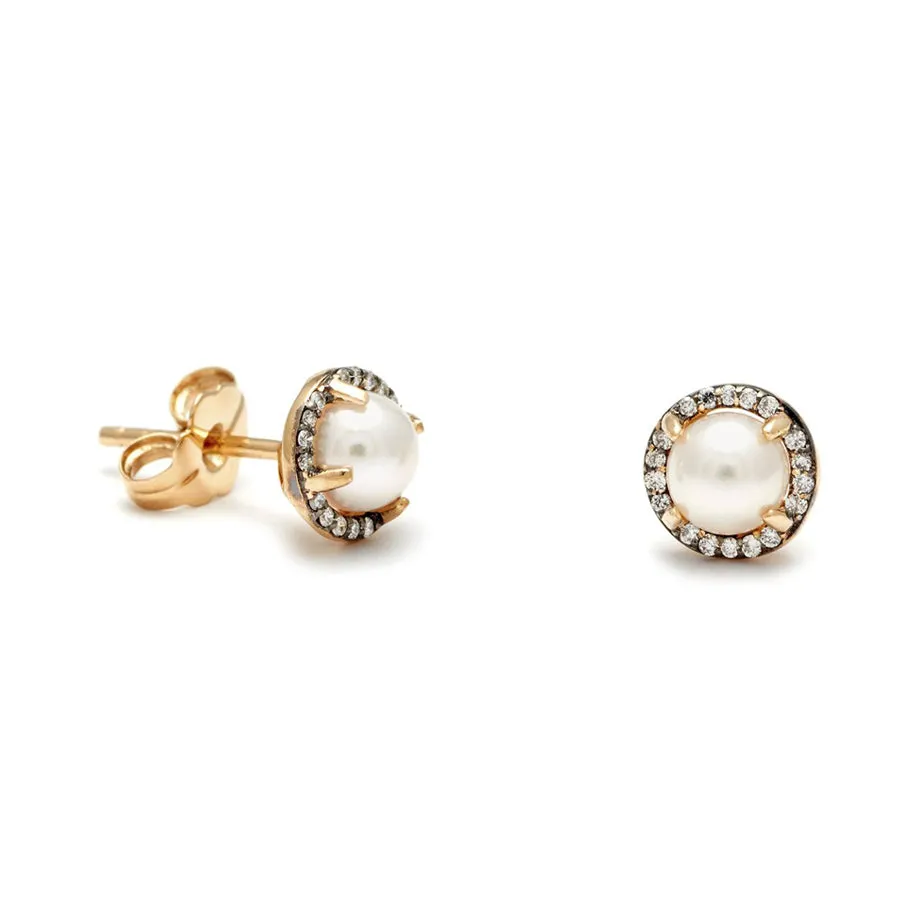 Rosette Stud Earring (Large) - Yellow Gold, Pearl & White Diamonds