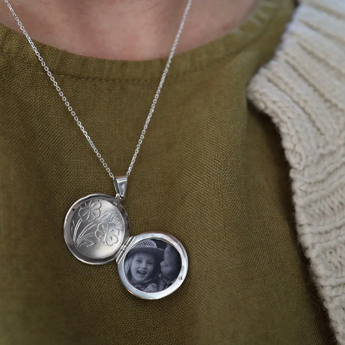 Round Locket Necklace with Floral Details