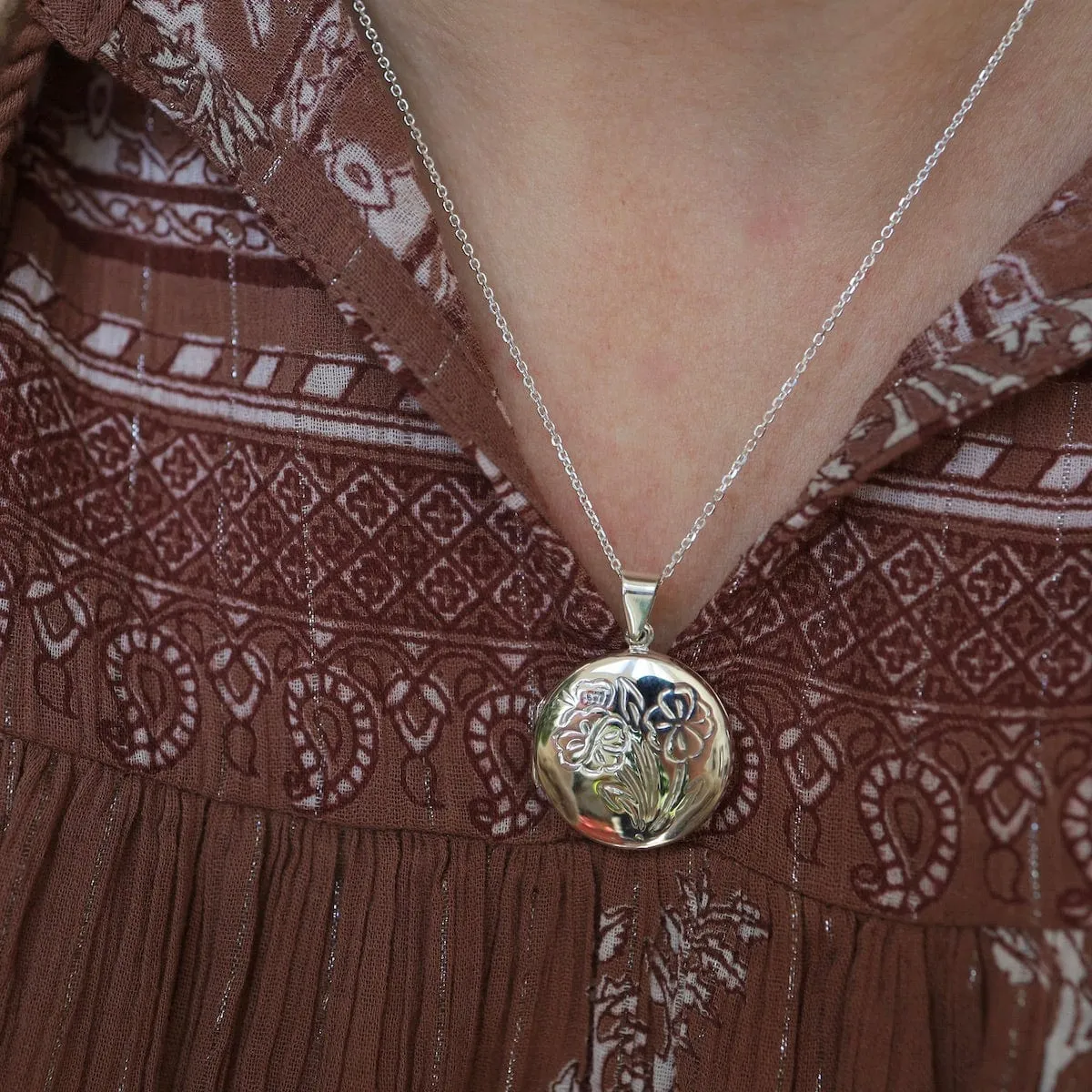 Round Locket Necklace with Floral Details