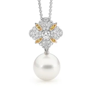 Round Pearl with Yellow & White Diamond Pendant