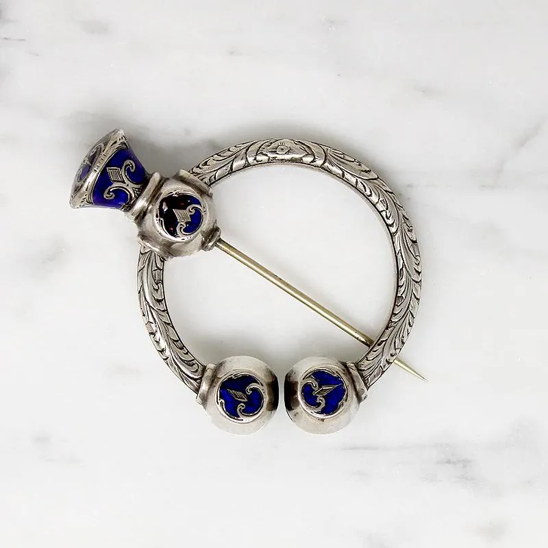 Scottish Engraved Silver & Enamel Penannular Cloak Pin