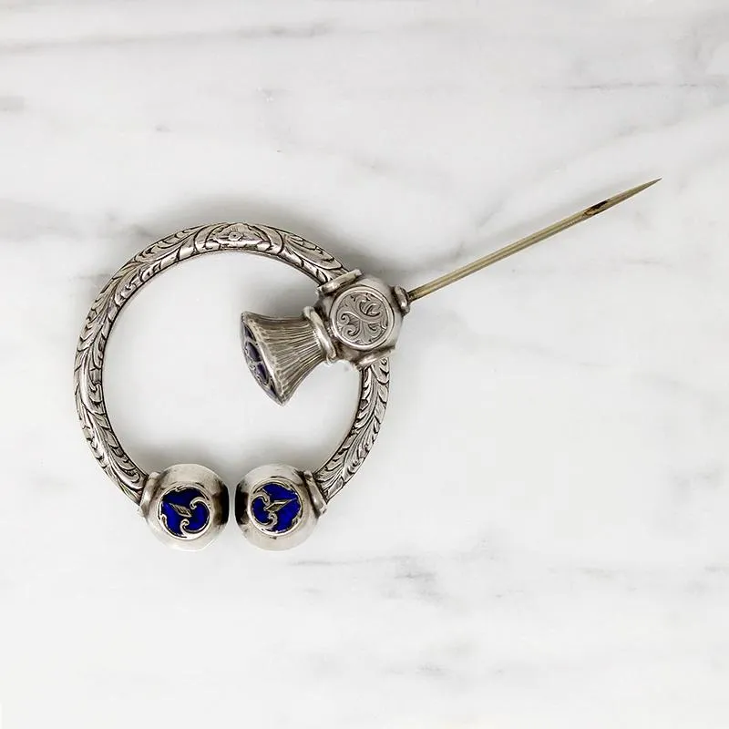 Scottish Engraved Silver & Enamel Penannular Cloak Pin