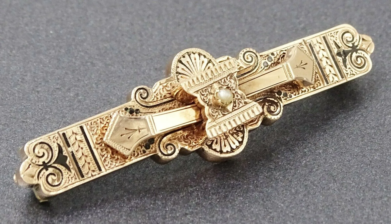 Seed Pearl 9ct Yellow Gold Ornate Bar Brooch