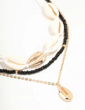 Shell & Black Cord Layered Necklace