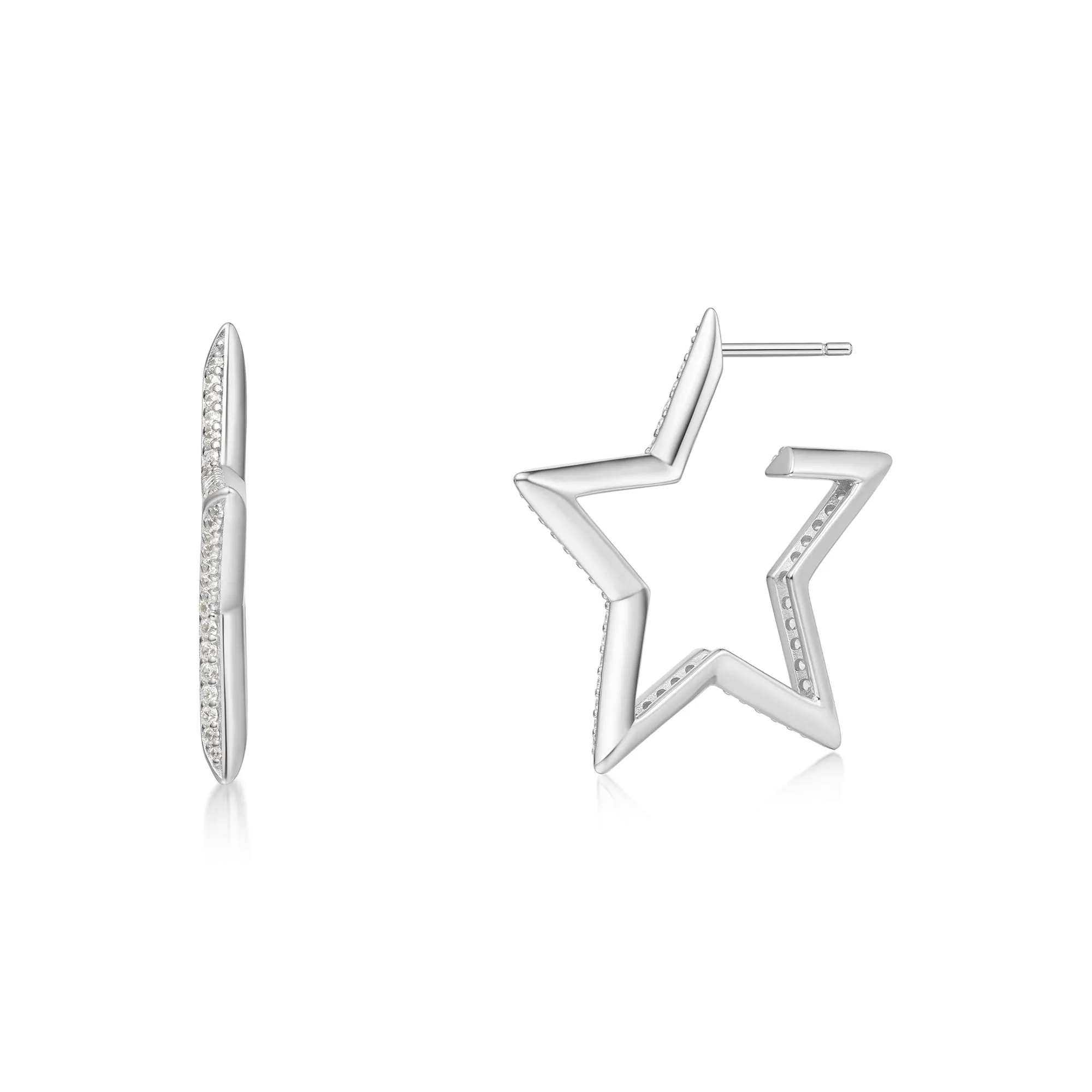 Silver Large Star-Shaped Pavé Hoop Earrings