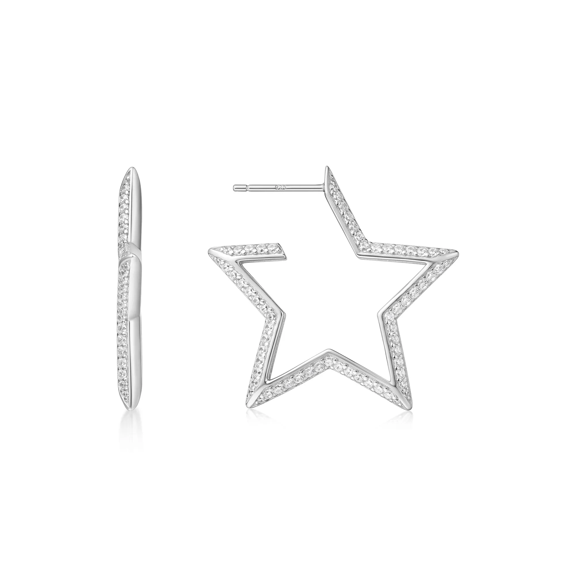 Silver Large Star-Shaped Pavé Hoop Earrings