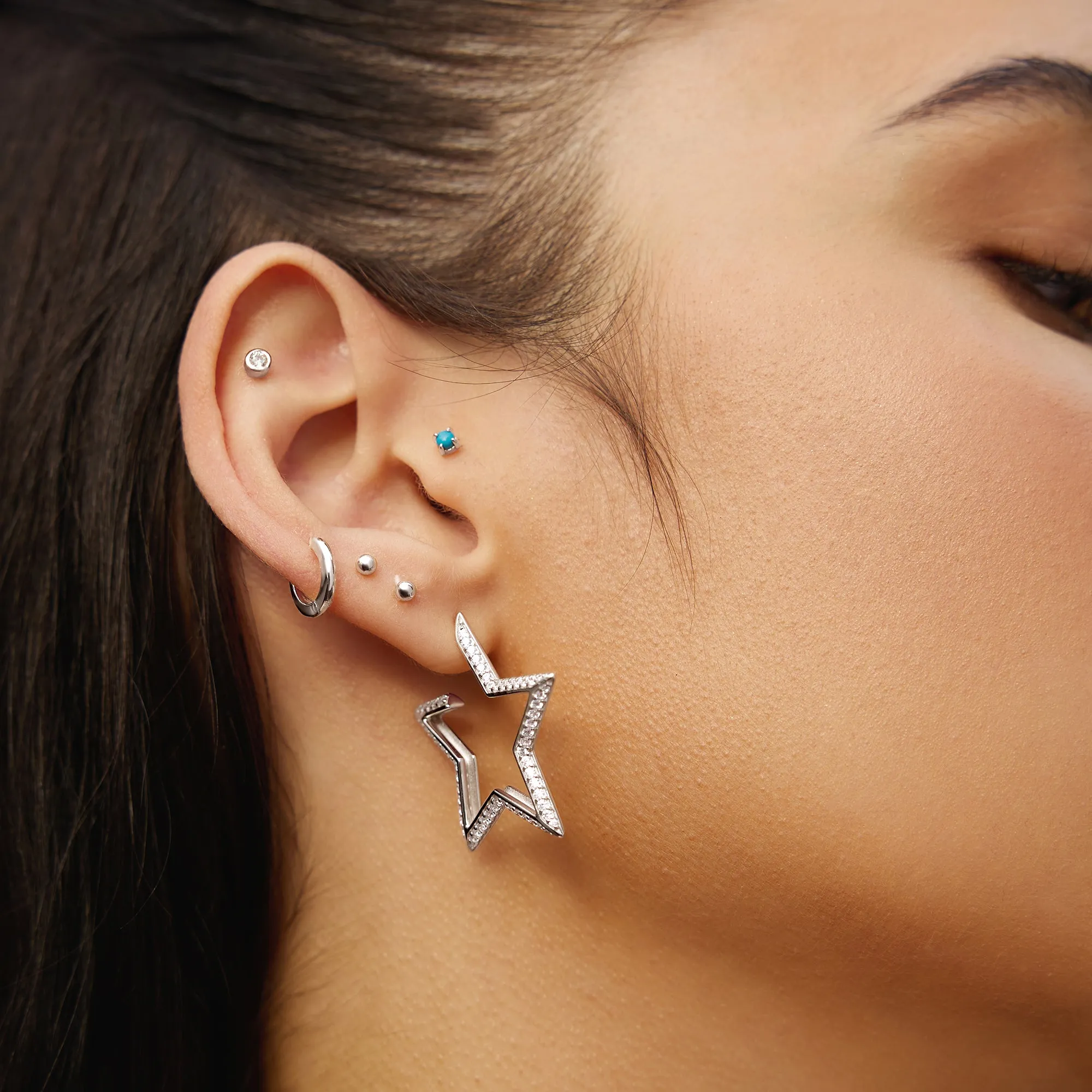 Silver Large Star-Shaped Pavé Hoop Earrings