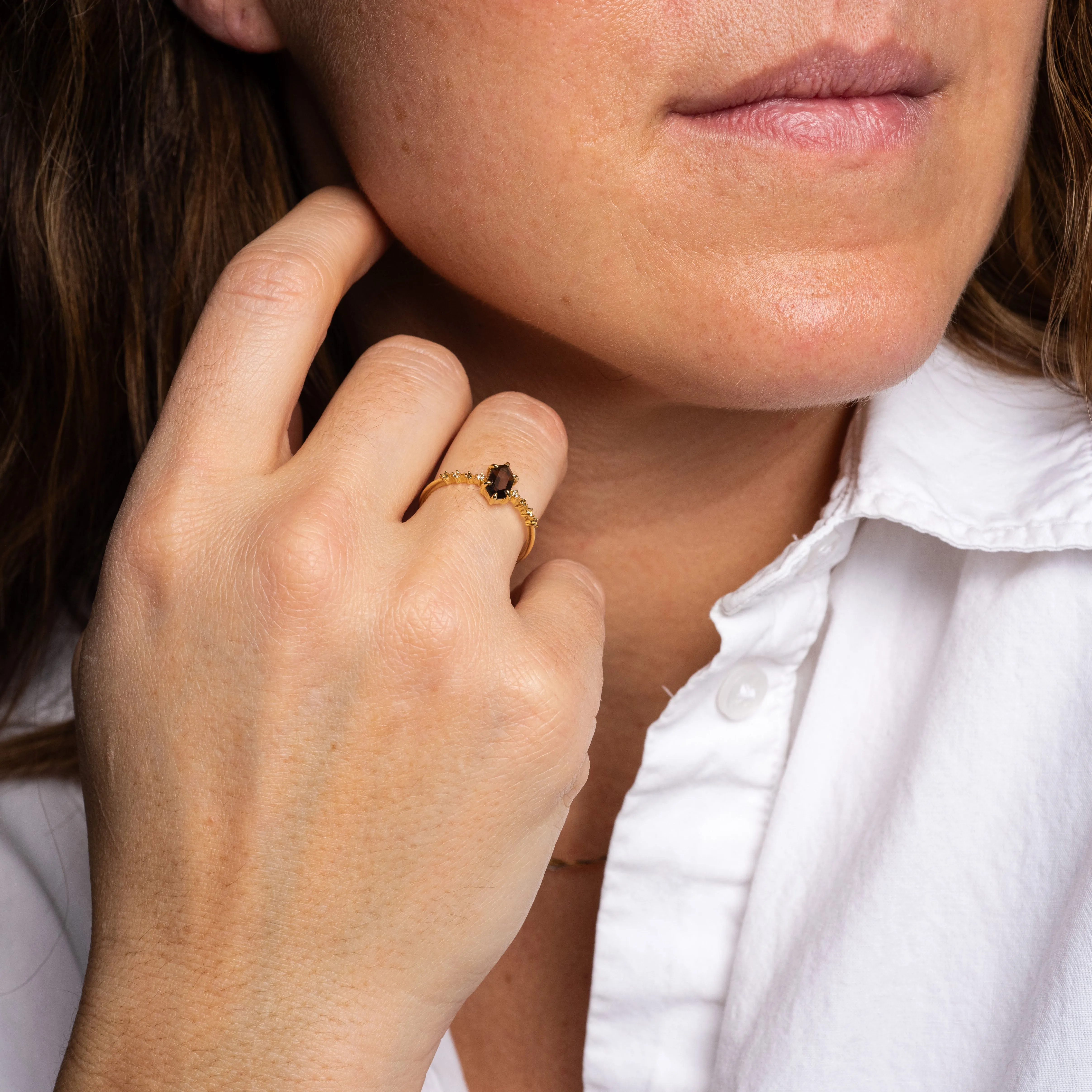 Solid Gold Smoky Quartz Hexagon Ring for Courage