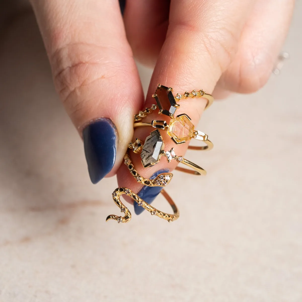 Solid Gold Smoky Quartz Hexagon Ring for Courage