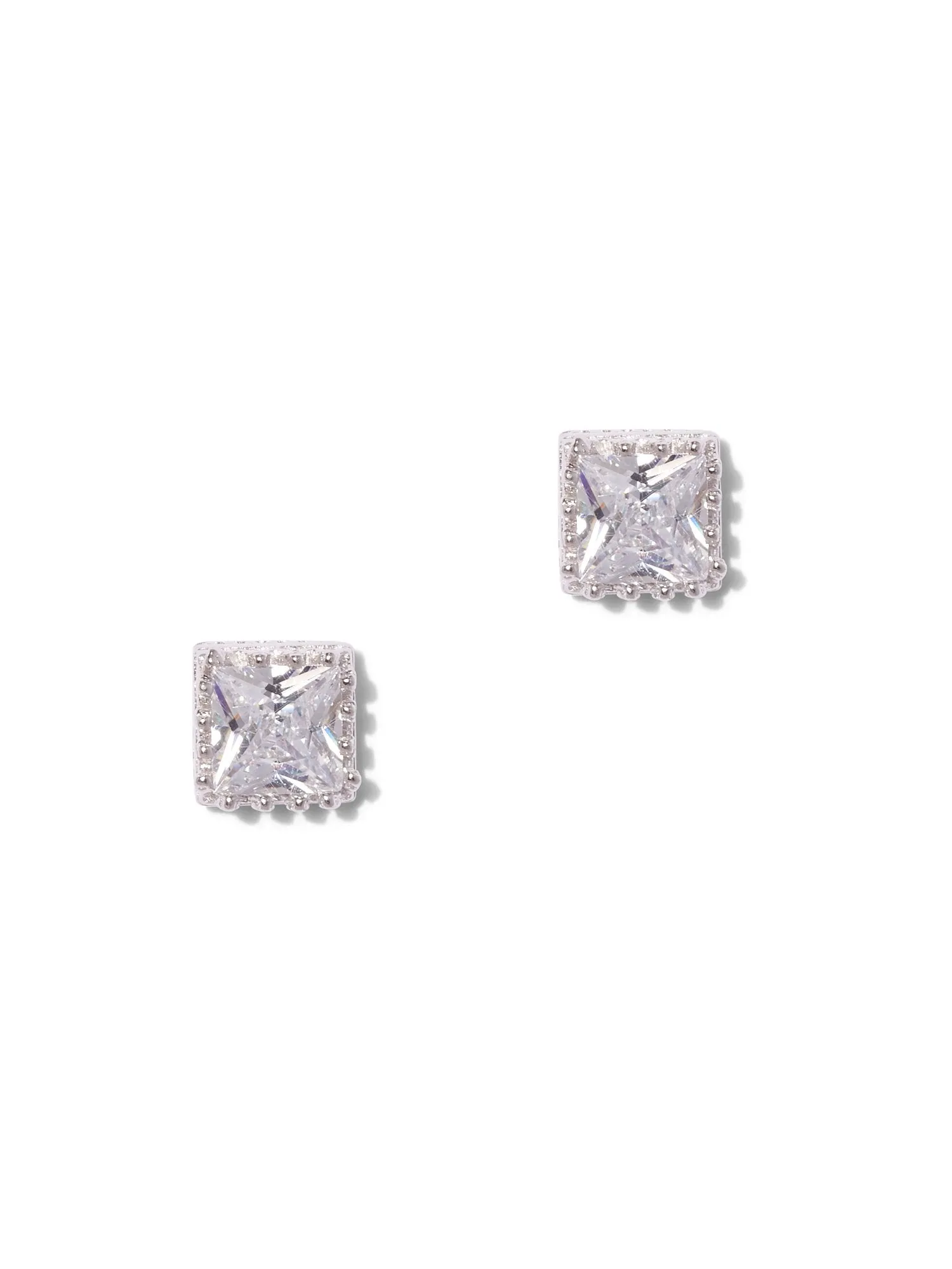 Square Cubic Zirconia Sterling Silver Crown Post Earring