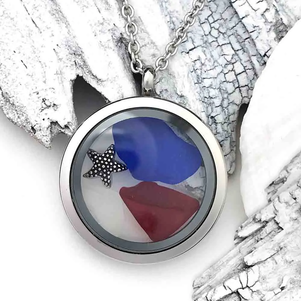 Star Spangled Red, White and Blue Summer Sea Glass Porthole Locket with Starfish Charm | #1685