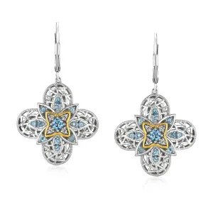 Sterling Silver 14k Yellow Gold Blue Topaz Quatrefoil Earrings