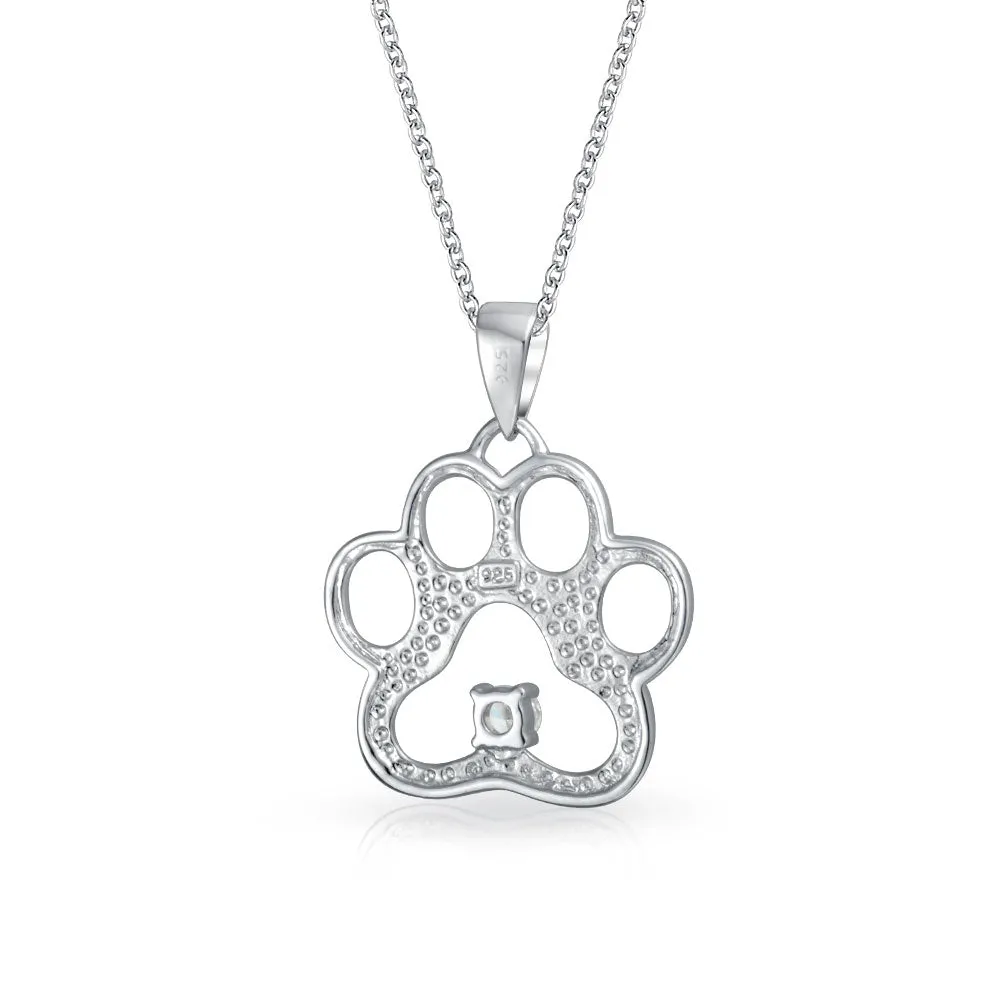 Sterling Silver CZ Accent Paw Print Pendant Necklace for Cat and Dog Lovers