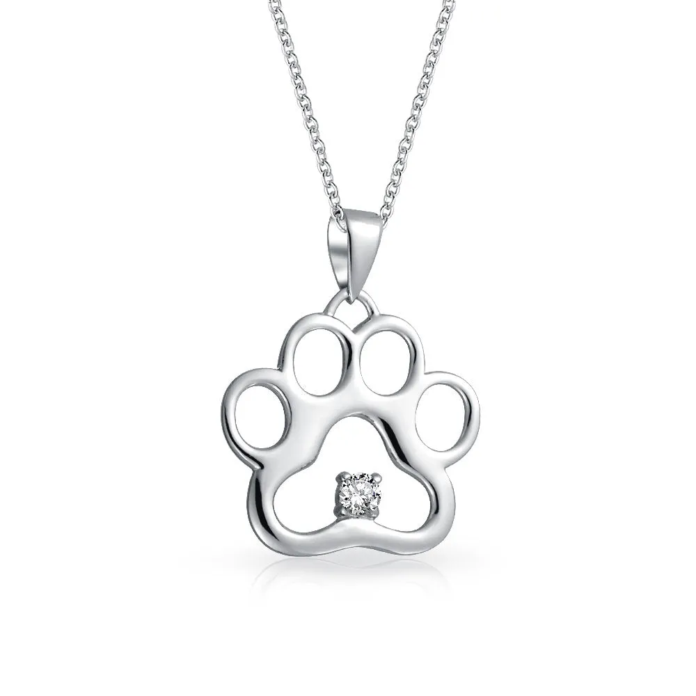 Sterling Silver CZ Accent Paw Print Pendant Necklace for Cat and Dog Lovers