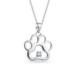 Sterling Silver CZ Accent Paw Print Pendant Necklace for Cat and Dog Lovers