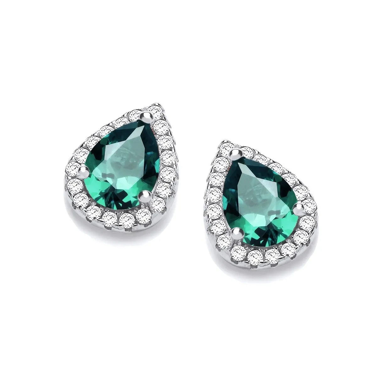 Sterling Silver Emerald Green Teardrop Halo CZ Stud Earrings