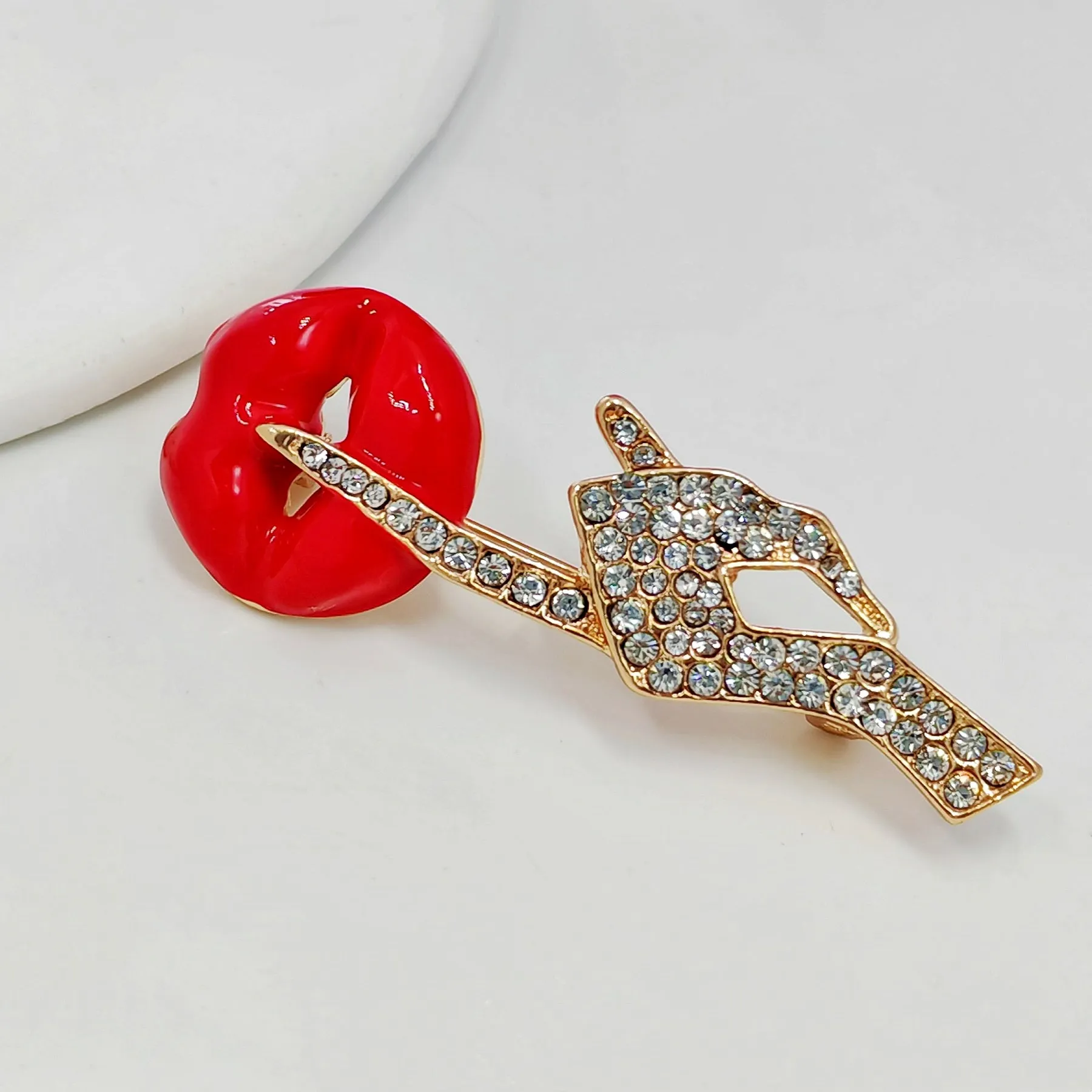 Stunning Red Lip &Gesture Brooch Pin Shh Women Keep Quiet Jewelry