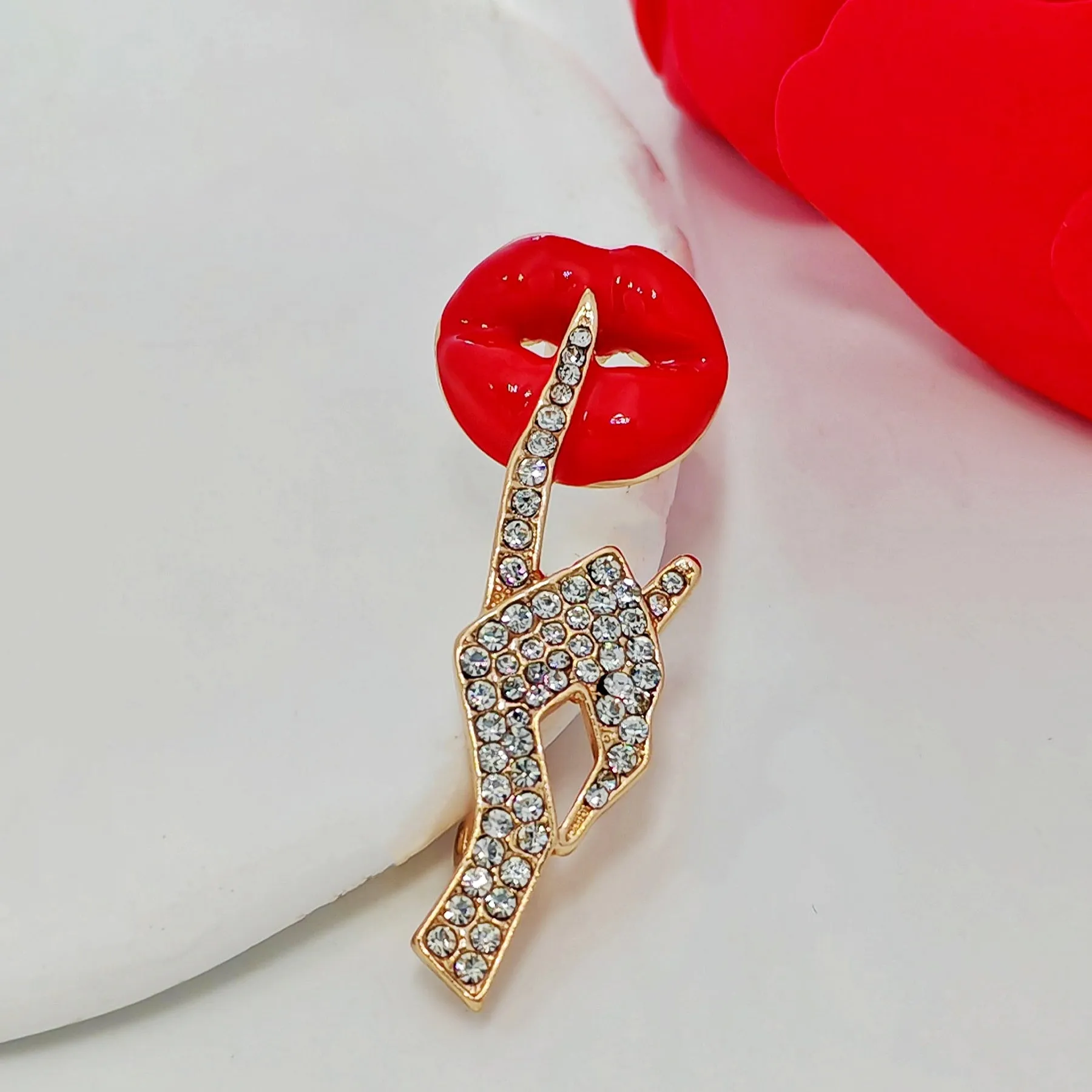 Stunning Red Lip &Gesture Brooch Pin Shh Women Keep Quiet Jewelry