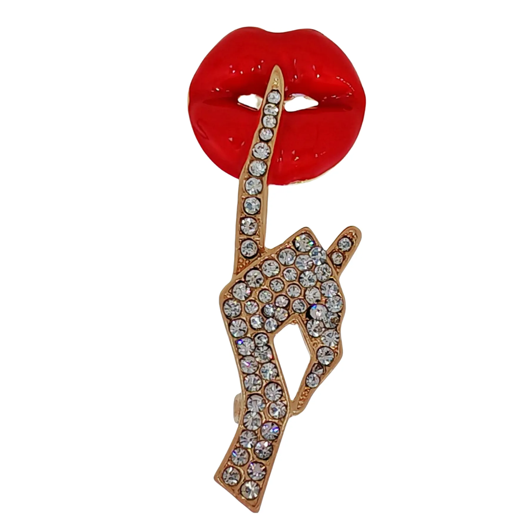 Stunning Red Lip &Gesture Brooch Pin Shh Women Keep Quiet Jewelry