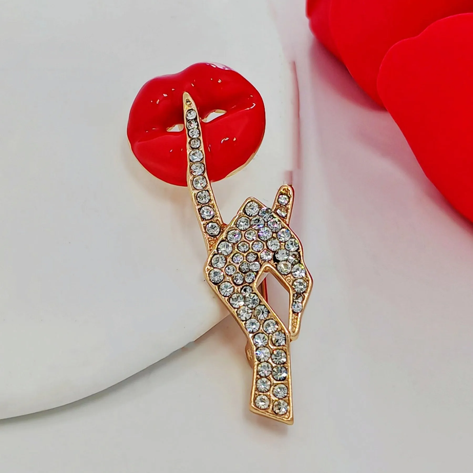 Stunning Red Lip &Gesture Brooch Pin Shh Women Keep Quiet Jewelry