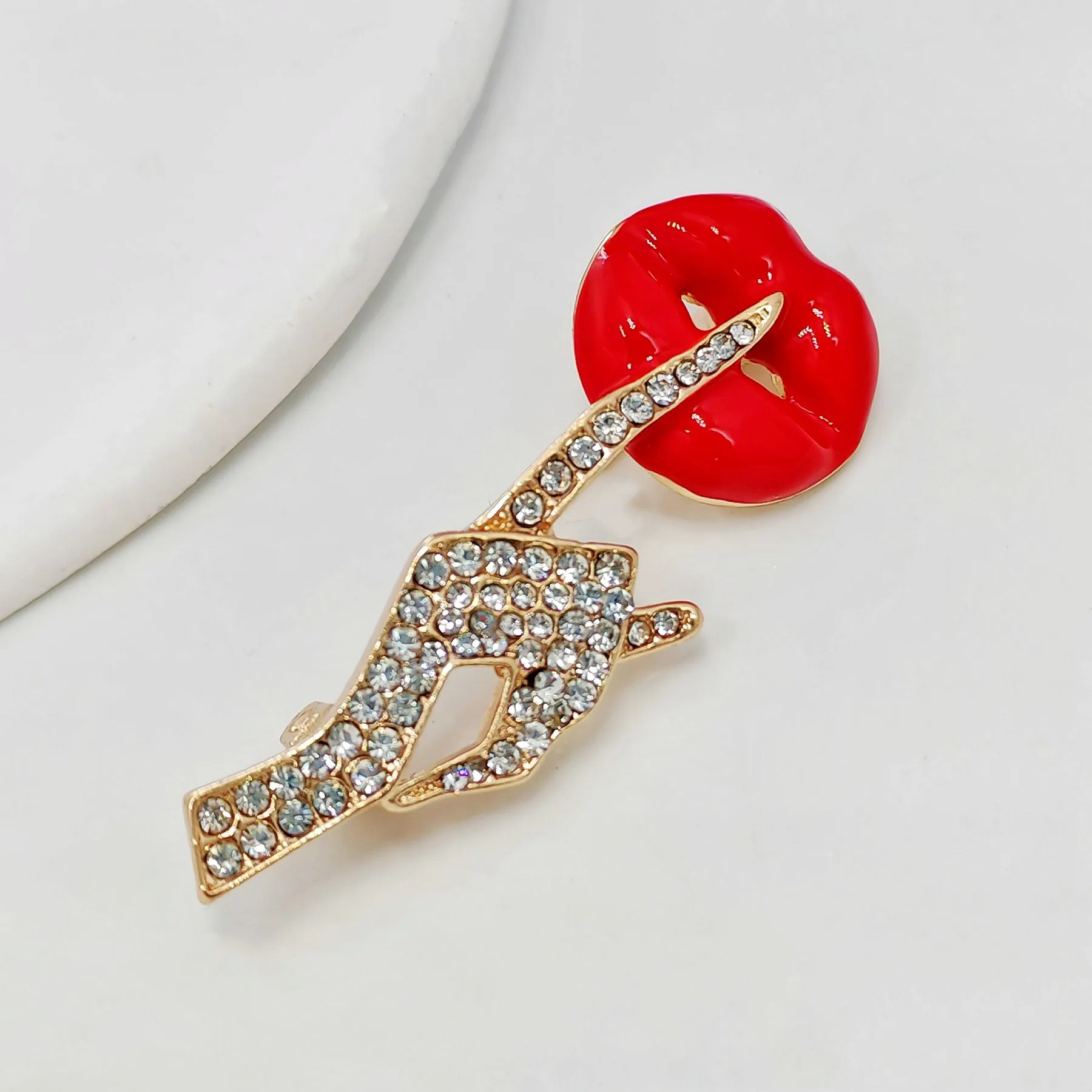 Stunning Red Lip &Gesture Brooch Pin Shh Women Keep Quiet Jewelry