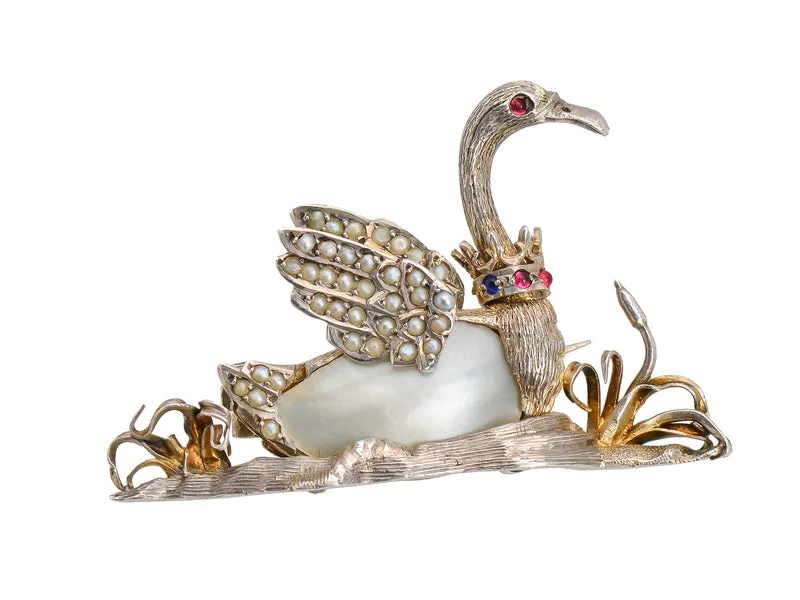 Swan Lake - Antique Bird Brooch with Crown