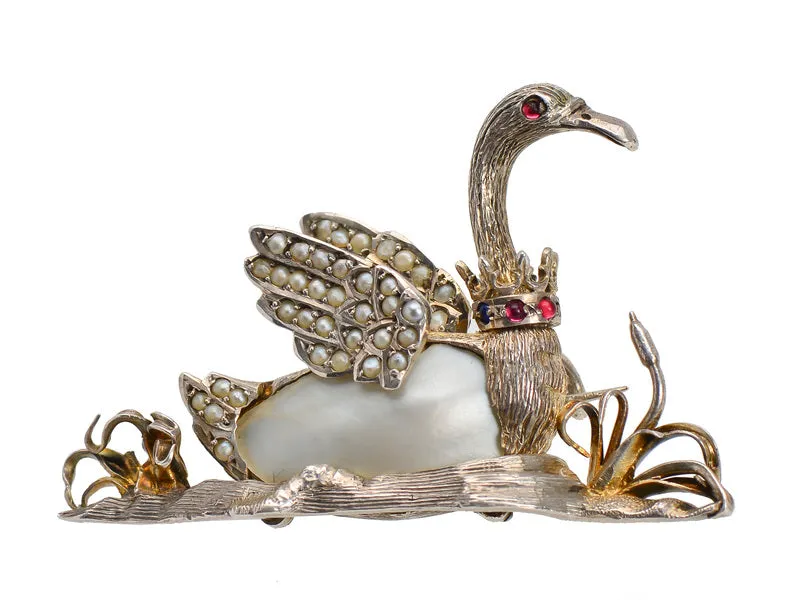 Swan Lake - Antique Bird Brooch with Crown