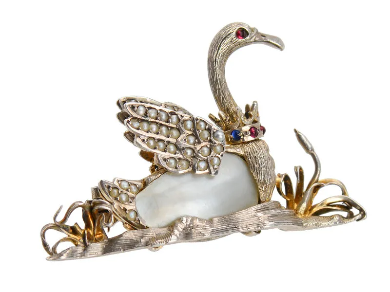 Swan Lake - Antique Bird Brooch with Crown