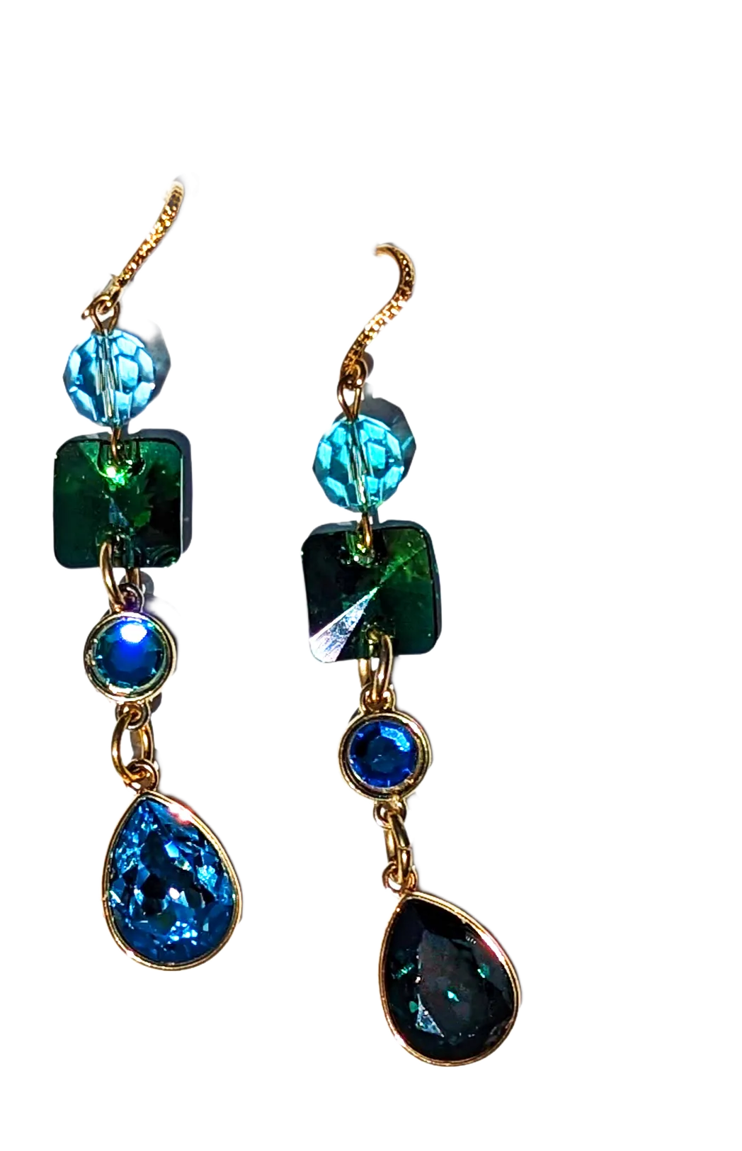 Swarovski Earrings Sparkle in multi colors Emerald, Light Turquoise, Fern Green, Capri Blue   Gold plated settings Gay Isber one of one