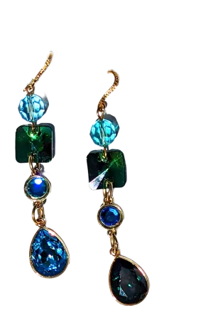 Swarovski Earrings Sparkle in multi colors Emerald, Light Turquoise, Fern Green, Capri Blue   Gold plated settings Gay Isber one of one