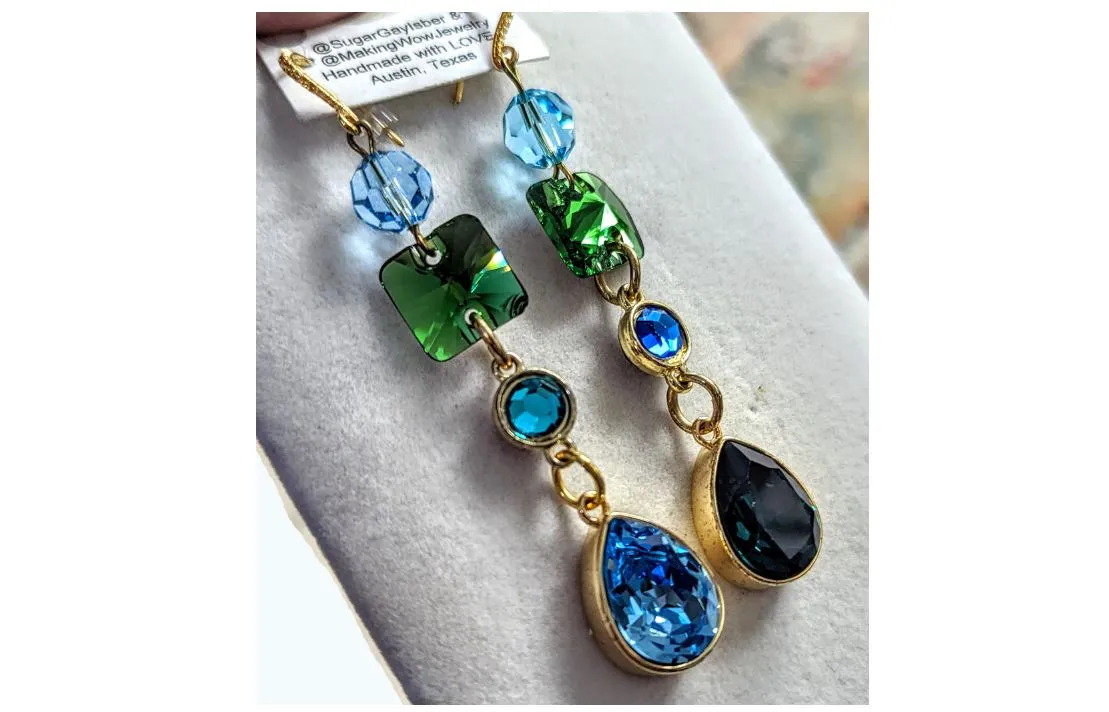 Swarovski Earrings Sparkle in multi colors Emerald, Light Turquoise, Fern Green, Capri Blue   Gold plated settings Gay Isber one of one