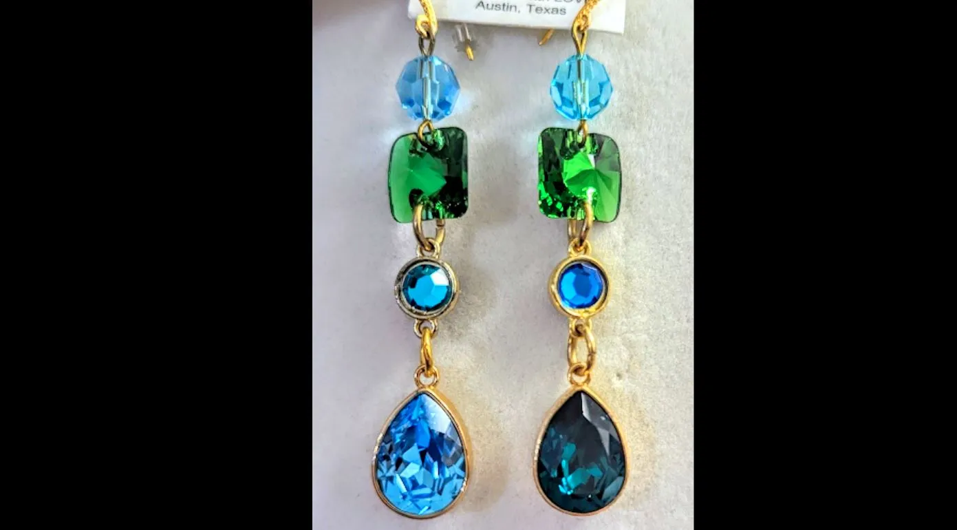 Swarovski Earrings Sparkle in multi colors Emerald, Light Turquoise, Fern Green, Capri Blue   Gold plated settings Gay Isber one of one