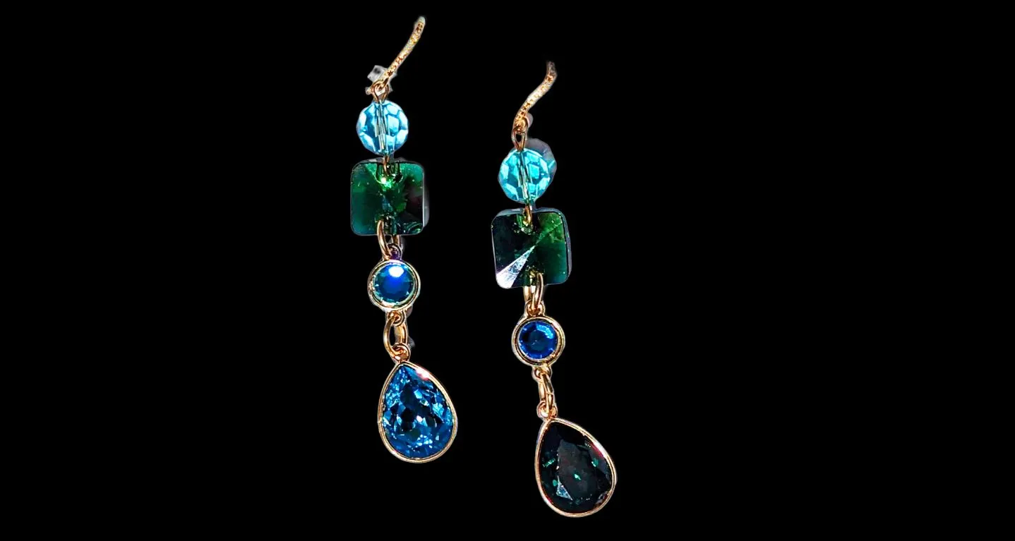 Swarovski Earrings Sparkle in multi colors Emerald, Light Turquoise, Fern Green, Capri Blue   Gold plated settings Gay Isber one of one