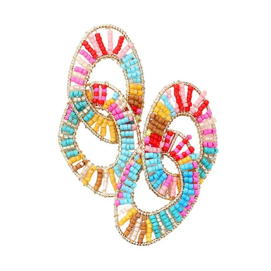 Tiny Bead Embellished Irregular Open Oval Link Earrings