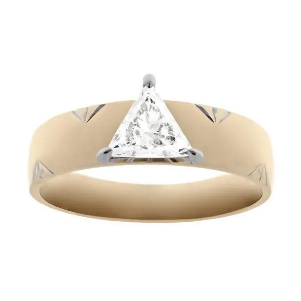 Triangle cut diamond engagement ring with wide band and designer details