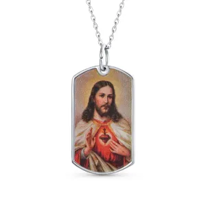 Unisex Oval Sacred Heart Jesus Pendant Necklace in Sterling Silver for Men